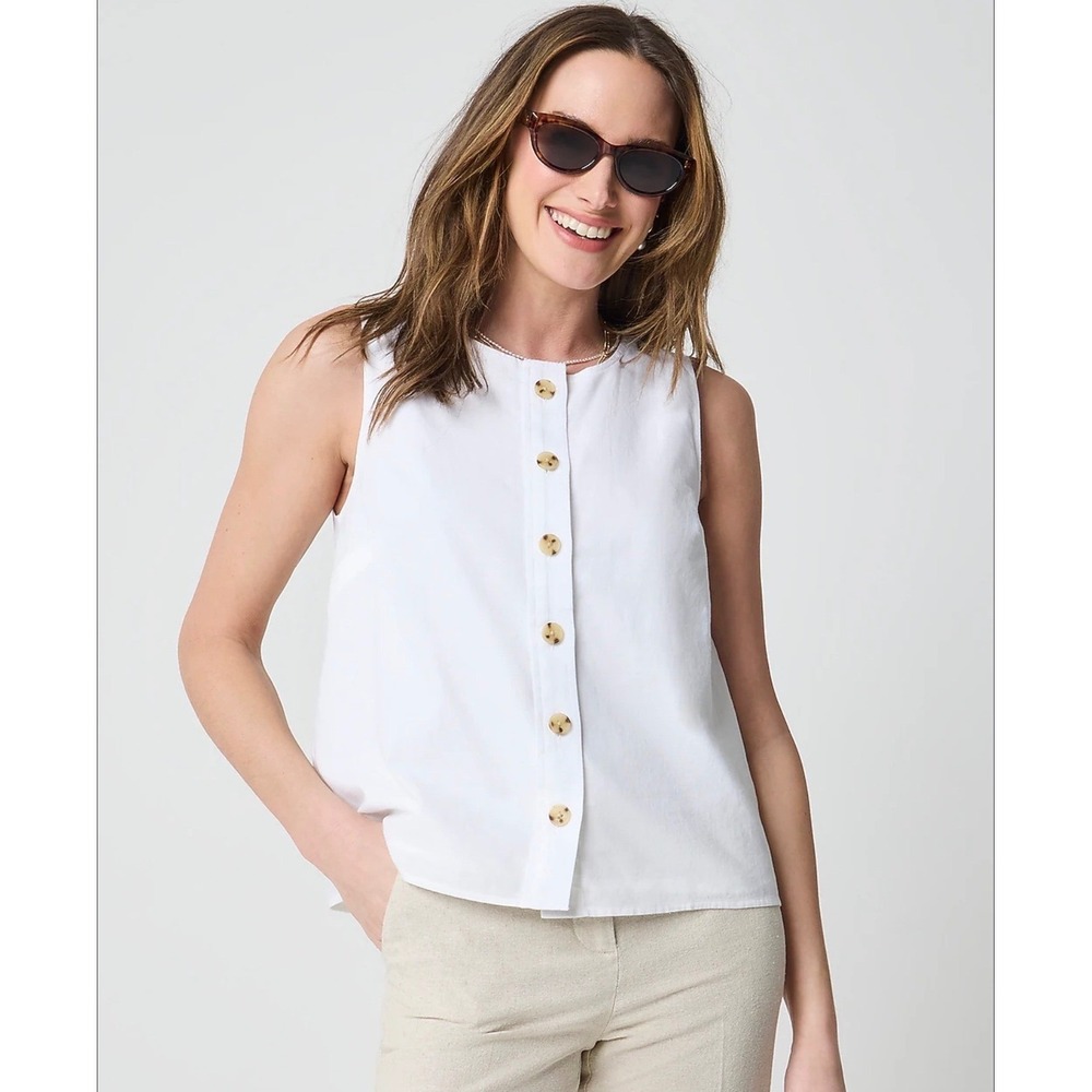 J.Crew White Linen Blend Button Front Sleeveless Top Round Neck Tank Size L
